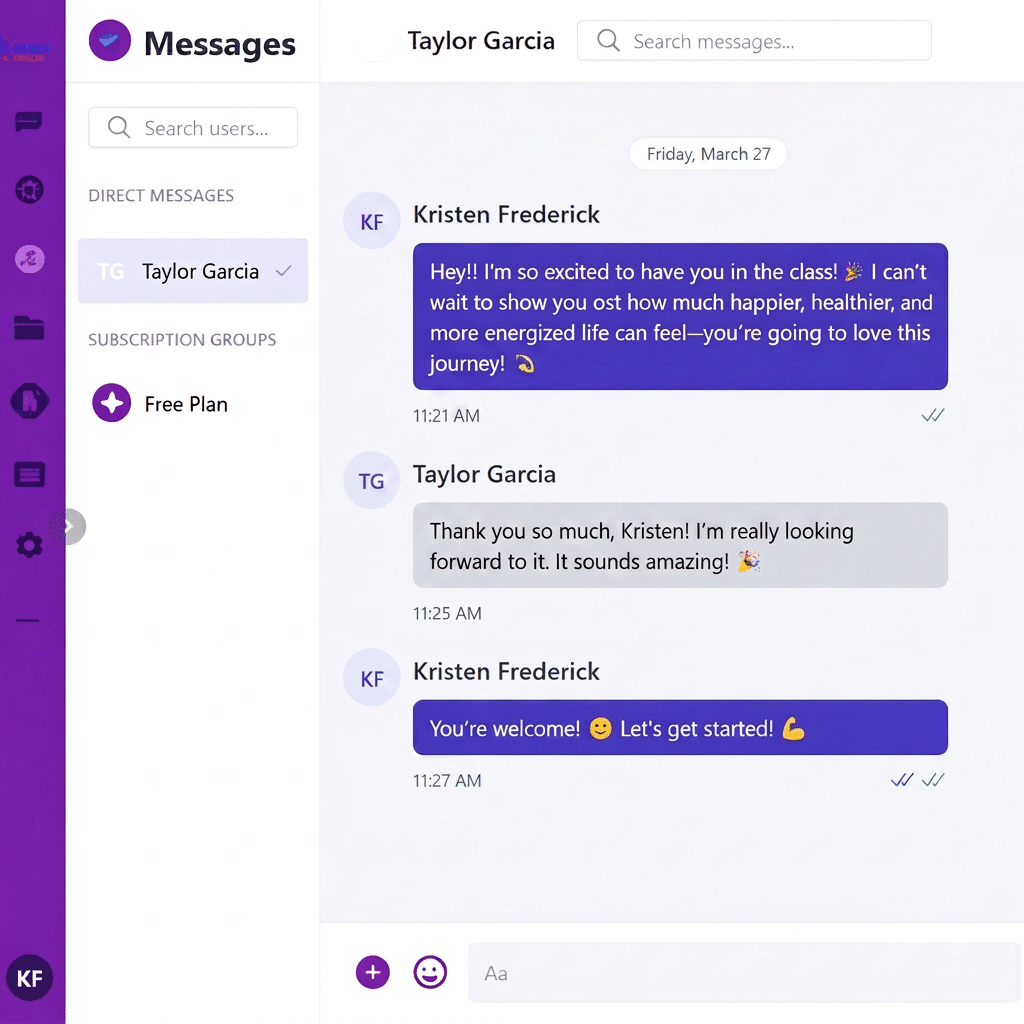 Portoll dashboard showing a direct message conversation between a creator and subscriber with chat history and messaging tools.