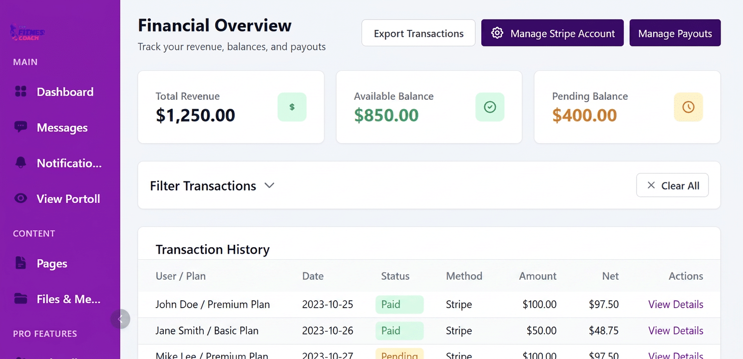 Portoll financial analytics dashboard displaying revenue, subscription metrics, payouts, and performance insights.