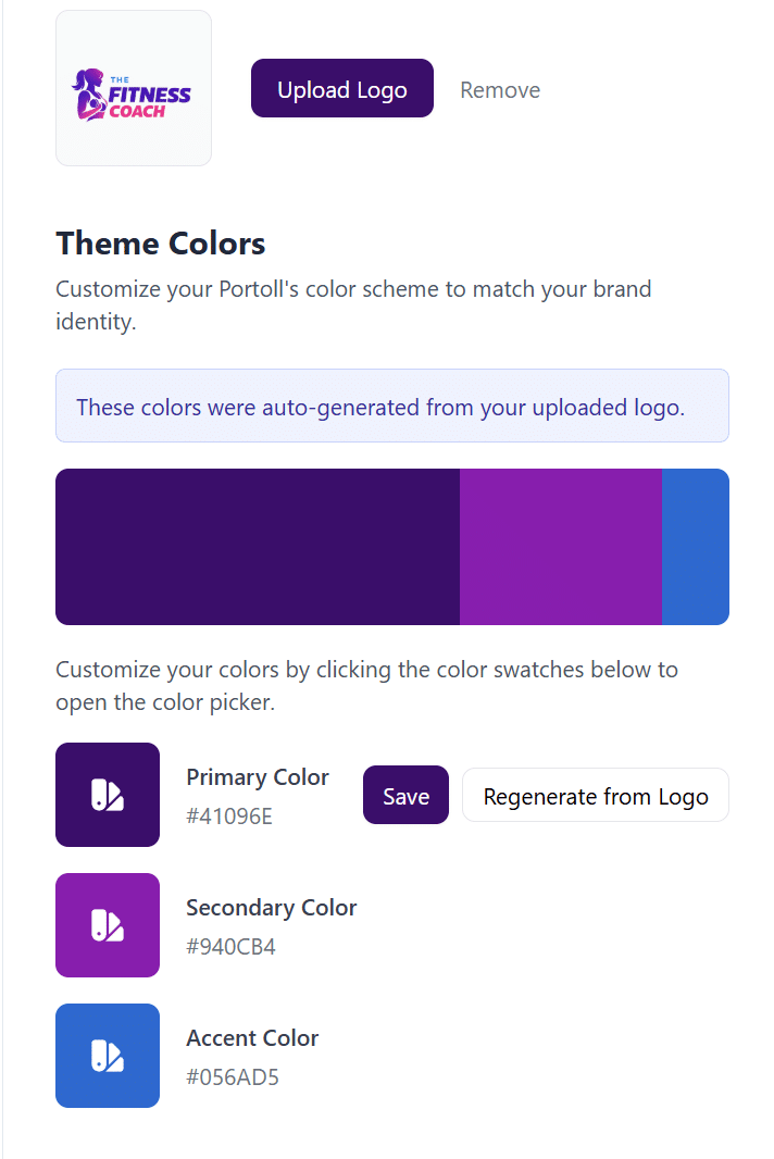 Portoll brand color palette editor showing customizable brand colors, theme settings, and visual branding controls.