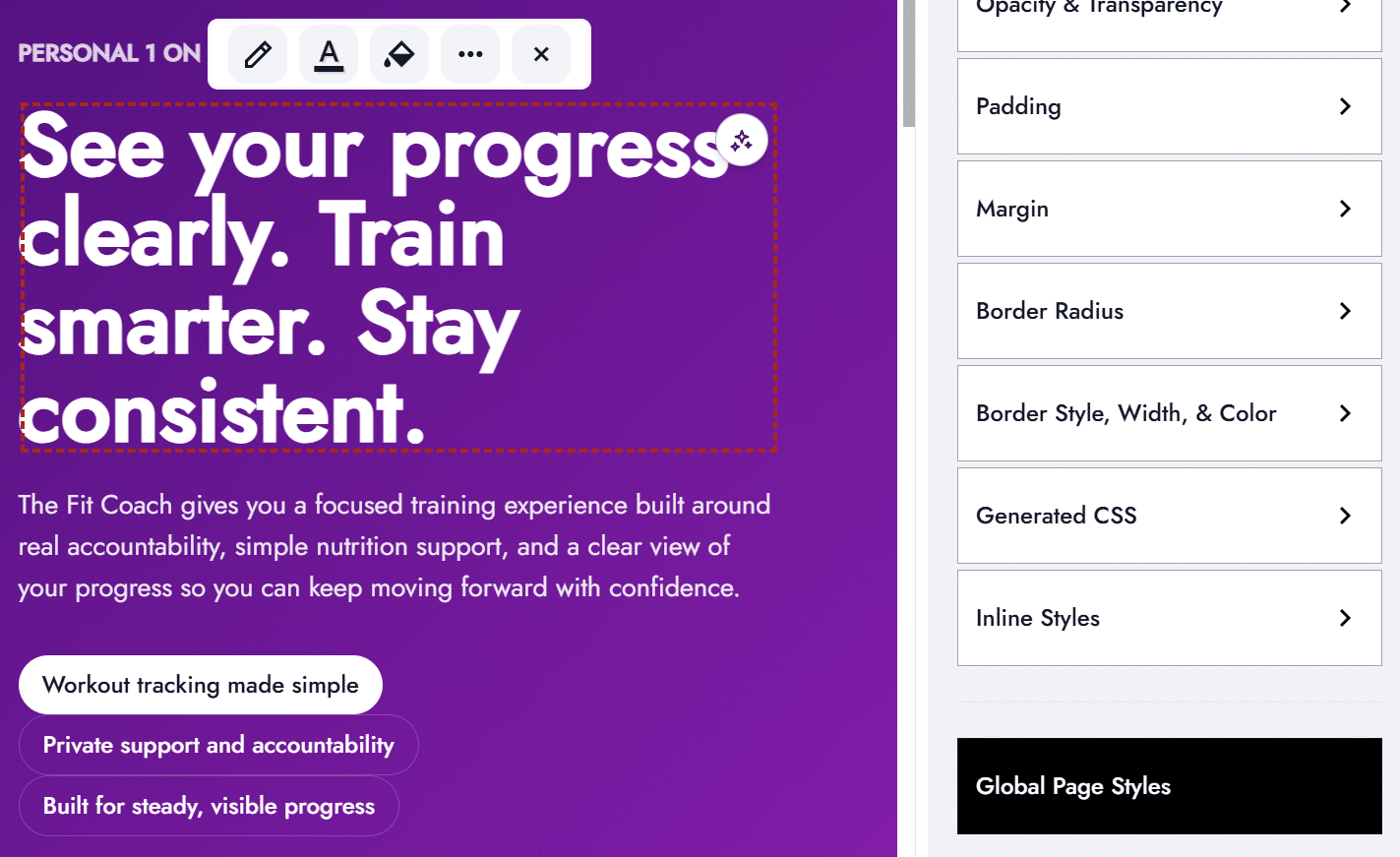 Portoll page editor displaying drag-and-drop website building tools, customizable layouts, and live page editing interface.