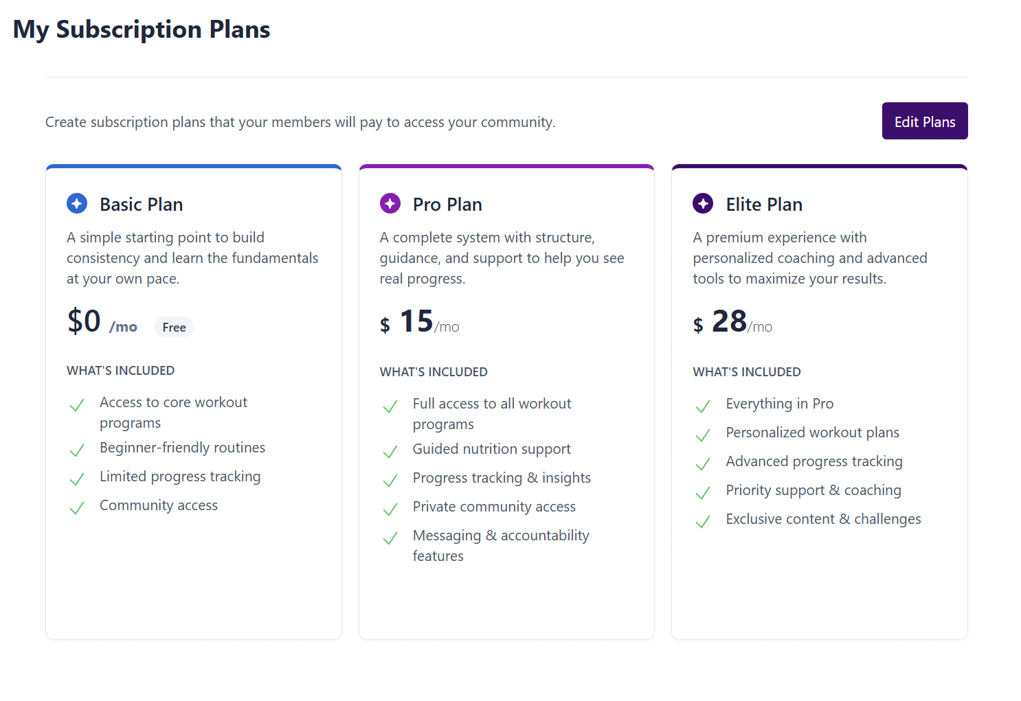 Portoll subscription plans page displaying membership tiers, pricing options, billing settings, and recurring payment management.