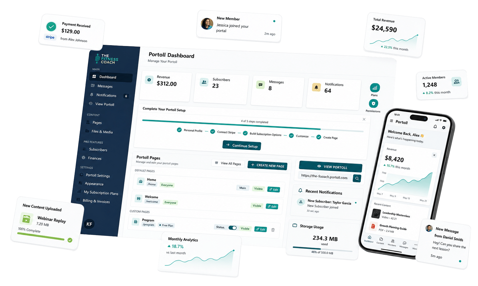 Exploded hero layout featuring the Portoll dashboard with floating interface panels highlighting analytics, messaging, subscribers, and content management.